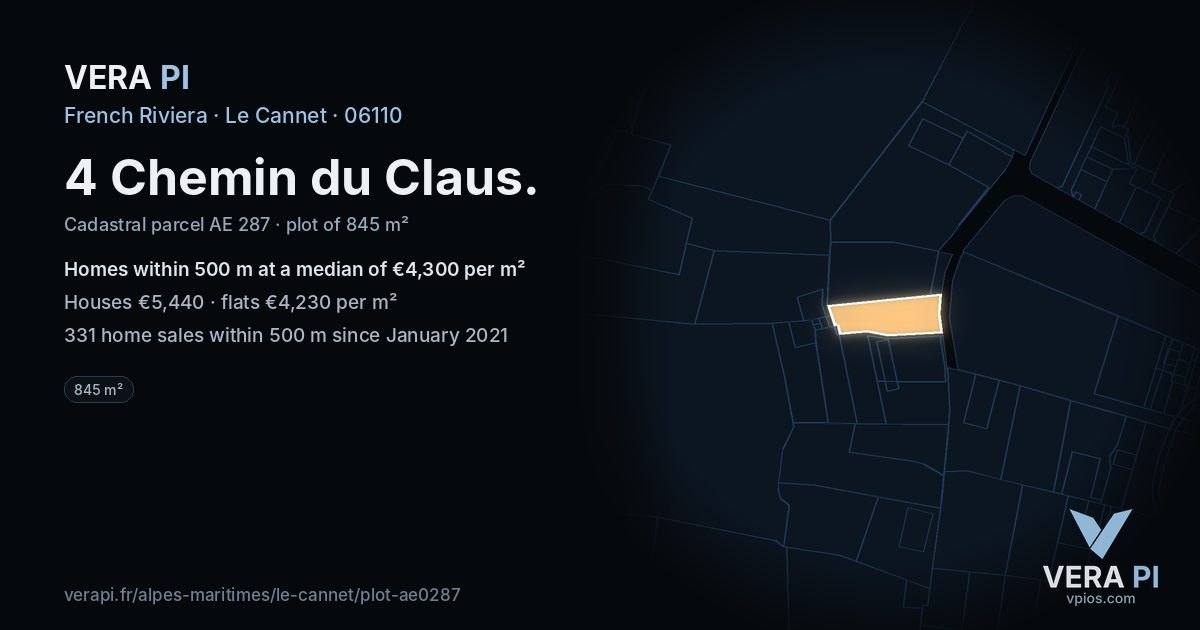 4 Chemin du Claus, Le Cannet at night – the plot lit, the parcels around coloured by the prices near them