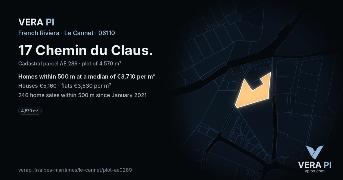 17 Chemin du Claus, Le Cannet at night – the plot lit, the parcels around coloured by the prices near them