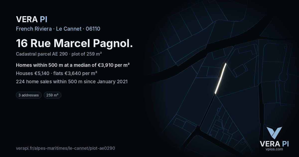 16 Rue Marcel Pagnol, Le Cannet at night – the plot lit, the parcels around coloured by the prices near them