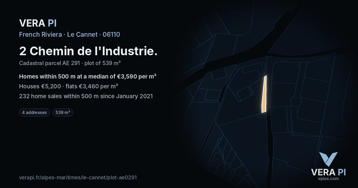 2 Chemin de l'Industrie, Le Cannet at night – the plot lit, the parcels around coloured by the prices near them