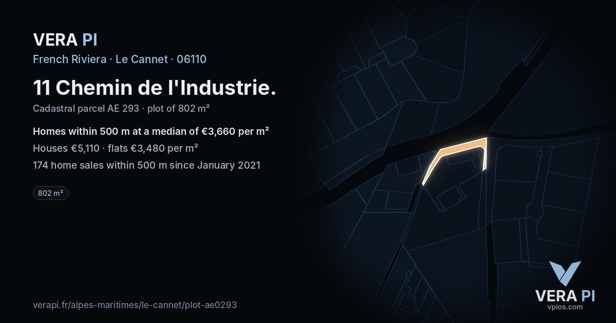 11 Chemin de l'Industrie, Le Cannet at night – the plot lit, the parcels around coloured by the prices near them
