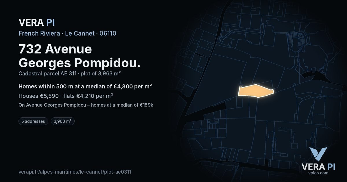 732 Avenue Georges Pompidou, Le Cannet at night – the plot lit, the parcels around coloured by the prices near them