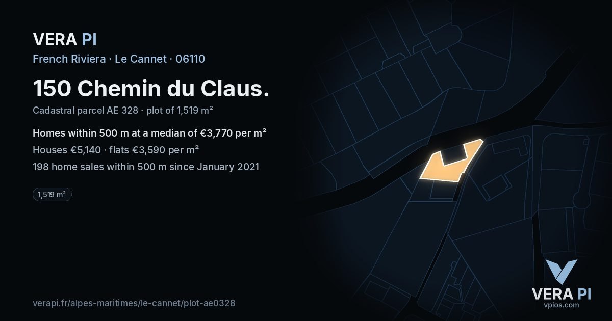 150 Chemin du Claus, Le Cannet at night – the plot lit, the parcels around coloured by the prices near them