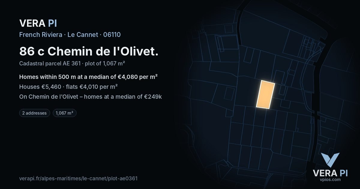 86 c Chemin de l'Olivet, Le Cannet at night – the plot lit, the parcels around coloured by the prices near them