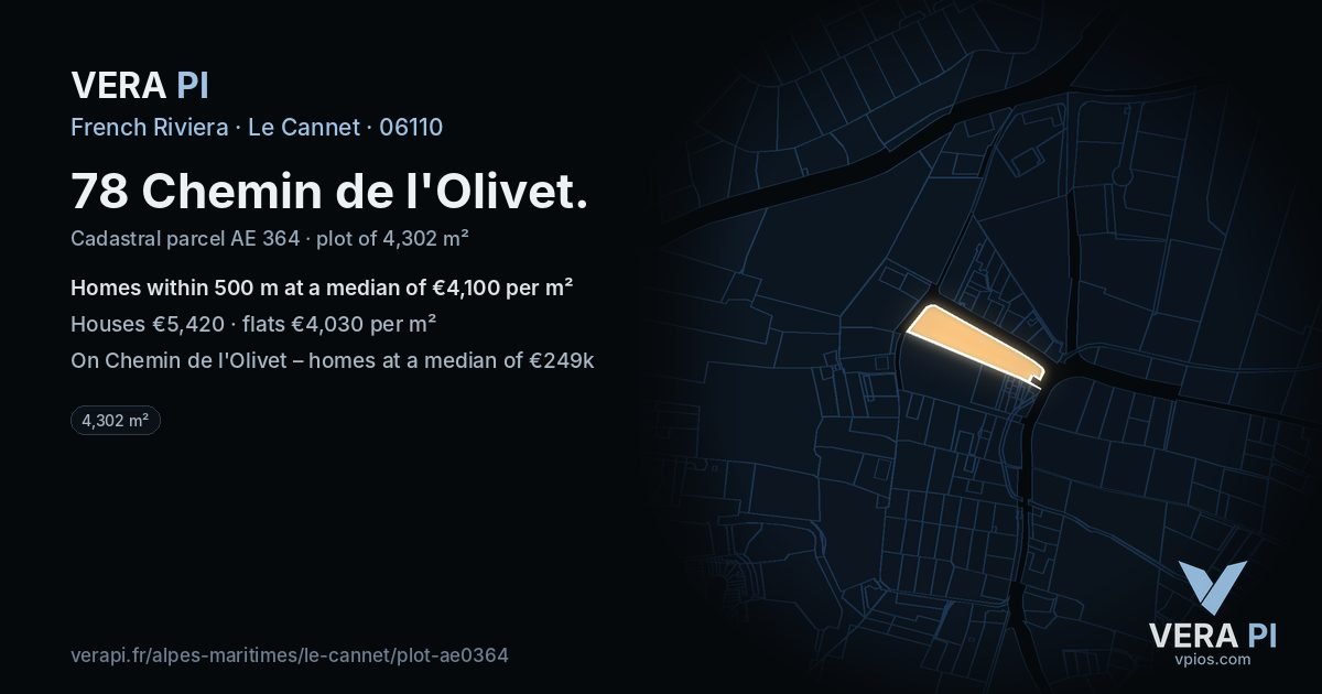 78 Chemin de l'Olivet, Le Cannet at night – the plot lit, the parcels around coloured by the prices near them