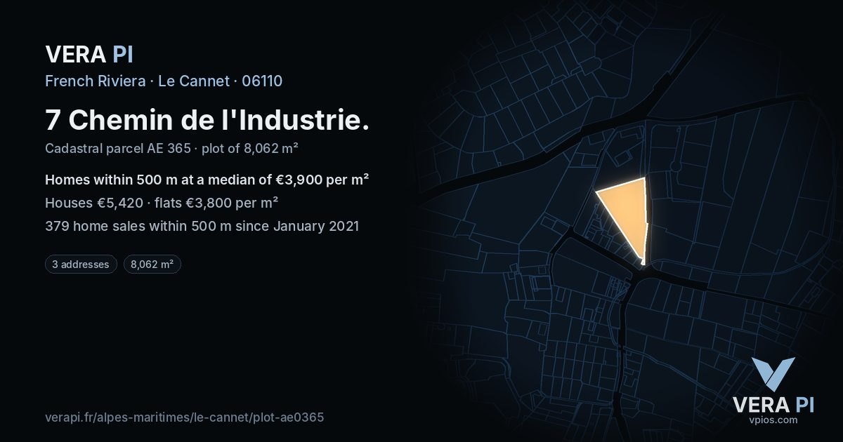 7 Chemin de l'Industrie, Le Cannet at night – the plot lit, the parcels around coloured by the prices near them