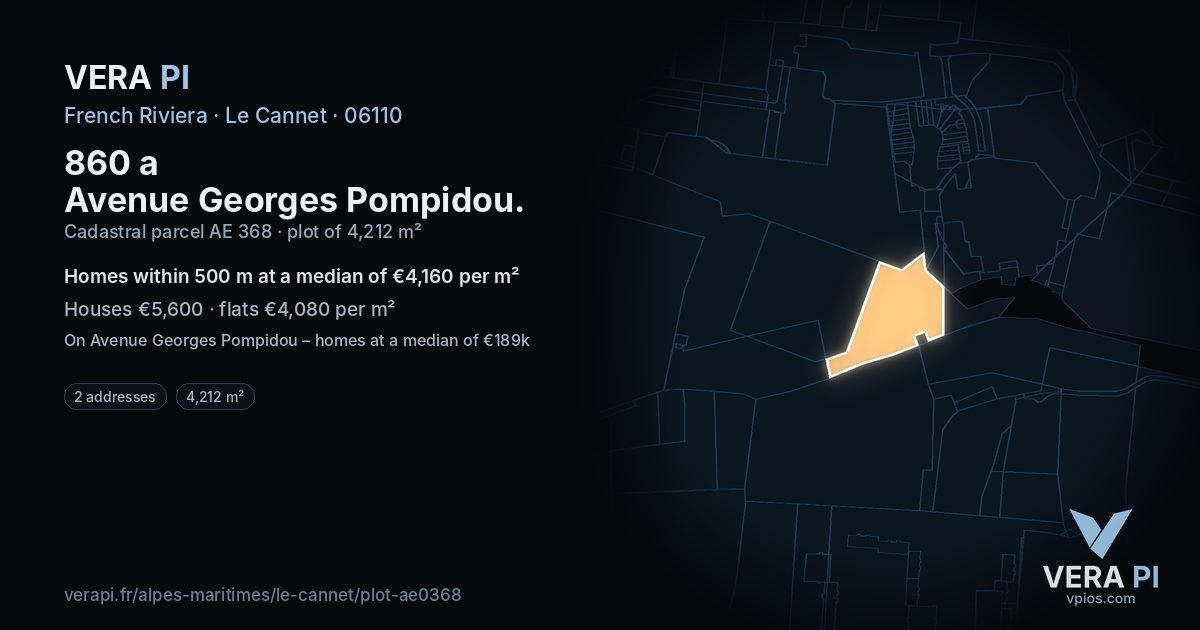 860 a Avenue Georges Pompidou, Le Cannet at night – the plot lit, the parcels around coloured by the prices near them