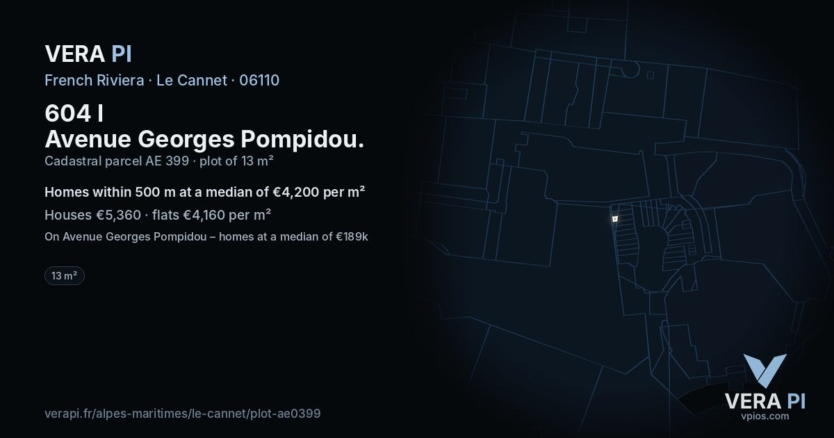 604 l Avenue Georges Pompidou, Le Cannet at night – the plot lit, the parcels around coloured by the prices near them