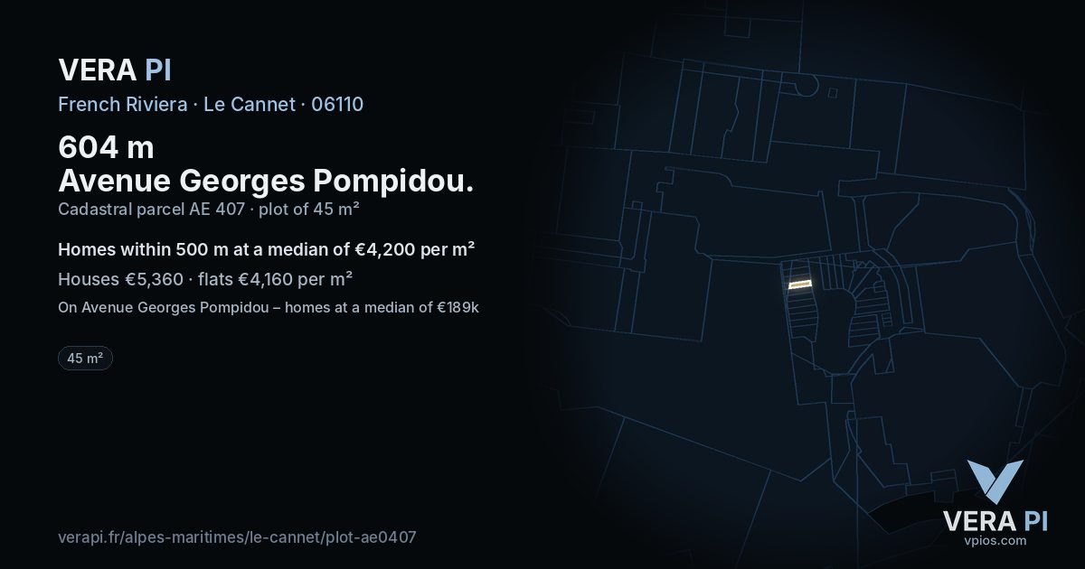 604 m Avenue Georges Pompidou, Le Cannet at night – the plot lit, the parcels around coloured by the prices near them