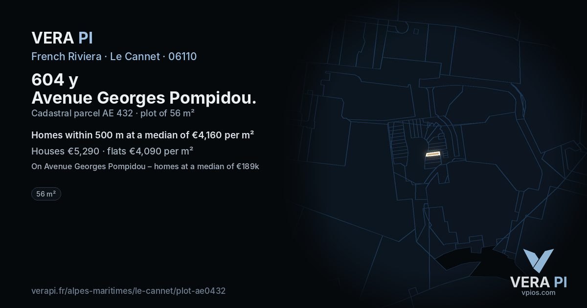 604 y Avenue Georges Pompidou, Le Cannet at night – the plot lit, the parcels around coloured by the prices near them