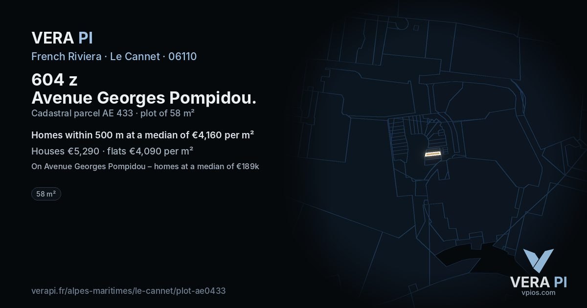 604 z Avenue Georges Pompidou, Le Cannet at night – the plot lit, the parcels around coloured by the prices near them