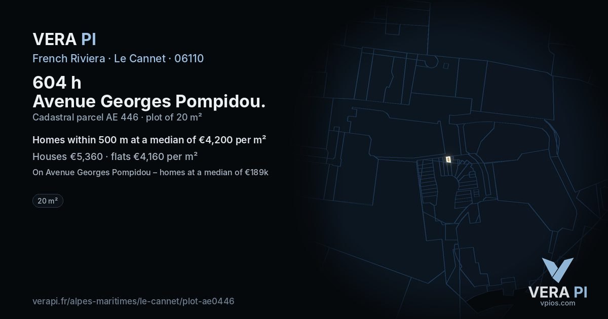 604 h Avenue Georges Pompidou, Le Cannet at night – the plot lit, the parcels around coloured by the prices near them