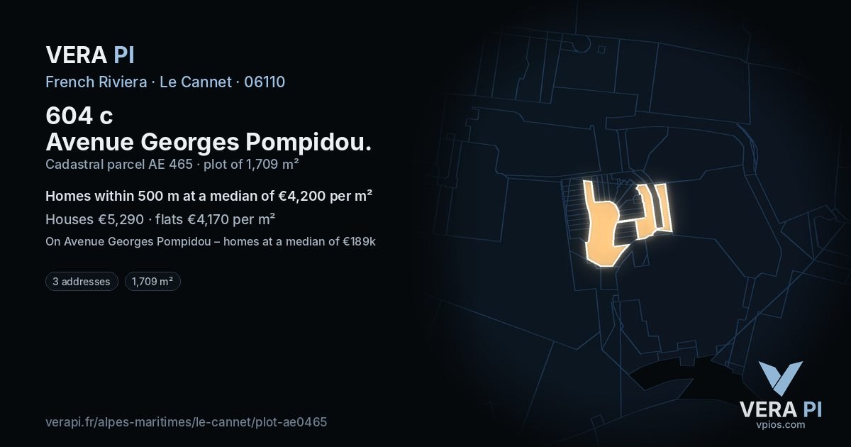 604 c Avenue Georges Pompidou, Le Cannet at night – the plot lit, the parcels around coloured by the prices near them