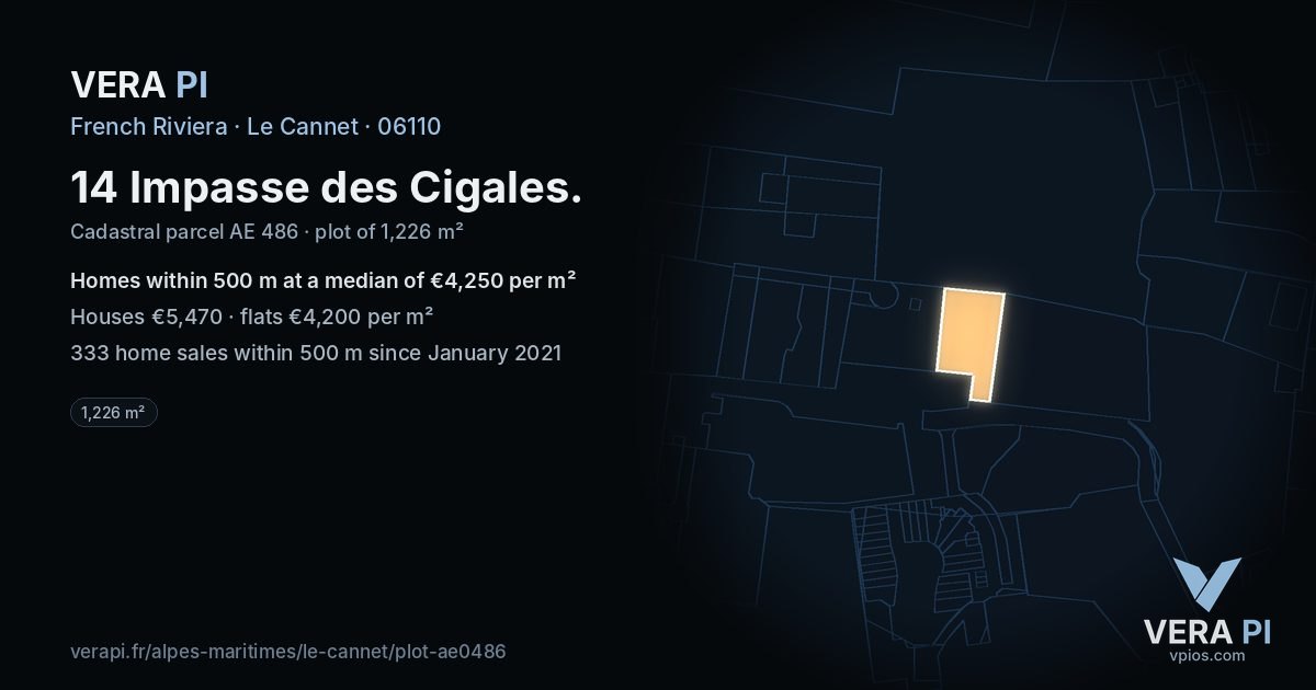 14 Impasse des Cigales, Le Cannet at night – the plot lit, the parcels around coloured by the prices near them