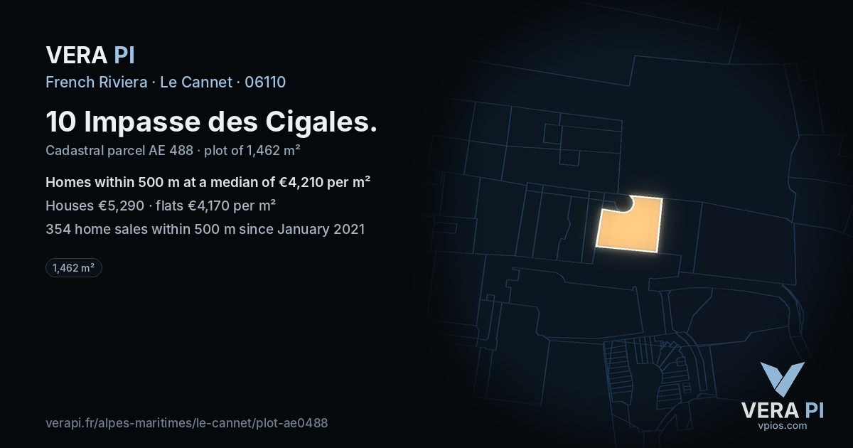 10 Impasse des Cigales, Le Cannet at night – the plot lit, the parcels around coloured by the prices near them
