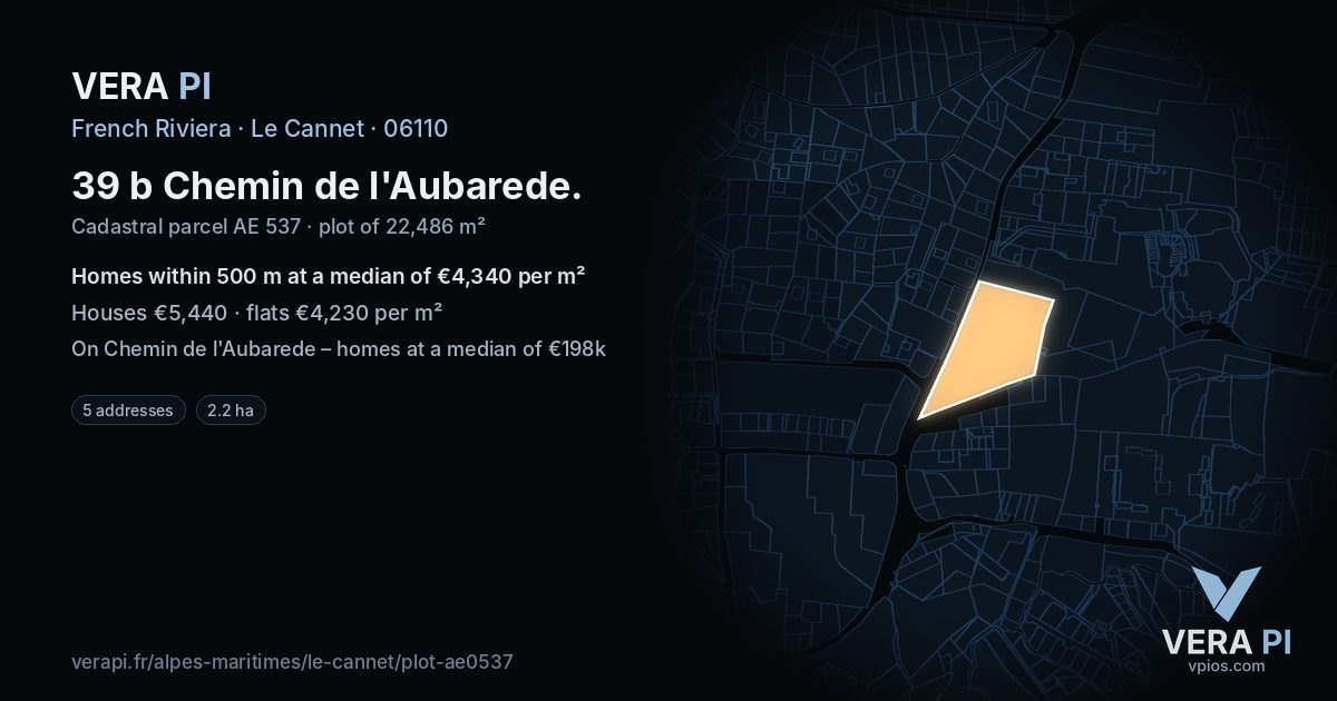 39 b Chemin de l'Aubarede, Le Cannet at night – the plot lit, the parcels around coloured by the prices near them