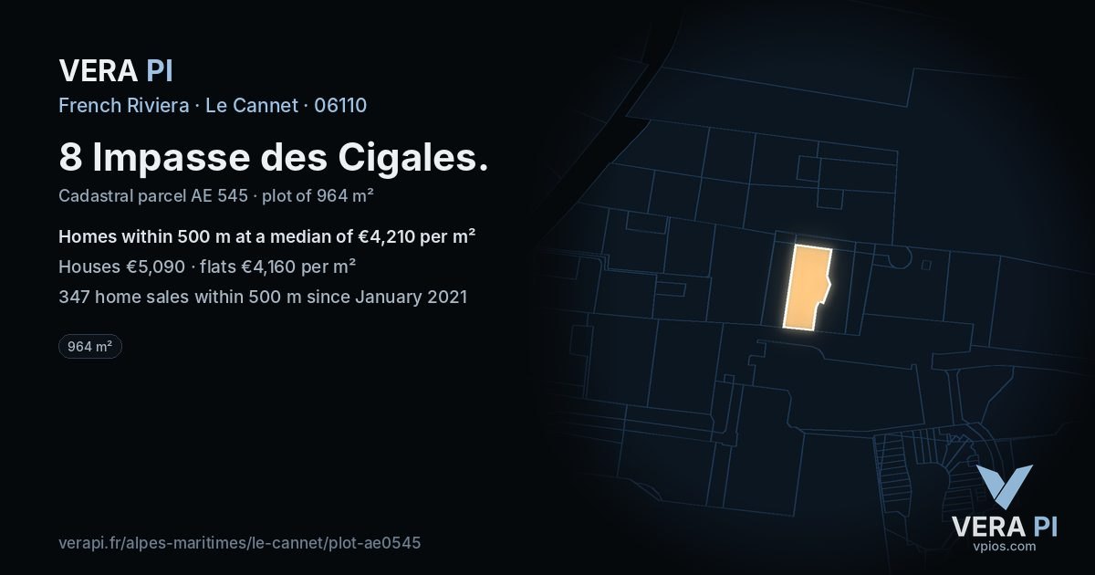 8 Impasse des Cigales, Le Cannet at night – the plot lit, the parcels around coloured by the prices near them