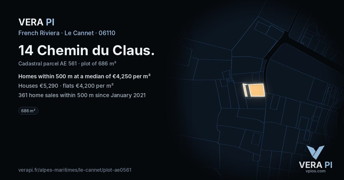 14 Chemin du Claus, Le Cannet at night – the plot lit, the parcels around coloured by the prices near them
