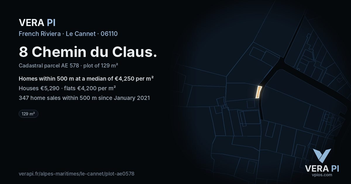 8 Chemin du Claus, Le Cannet at night – the plot lit, the parcels around coloured by the prices near them