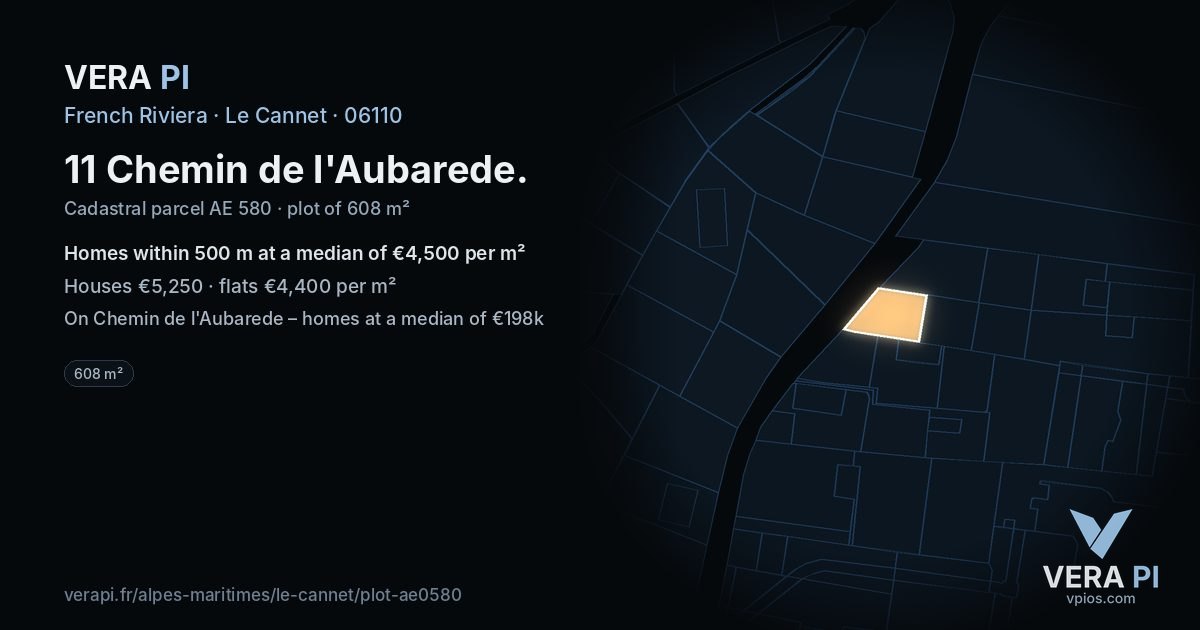 11 Chemin de l'Aubarede, Le Cannet at night – the plot lit, the parcels around coloured by the prices near them