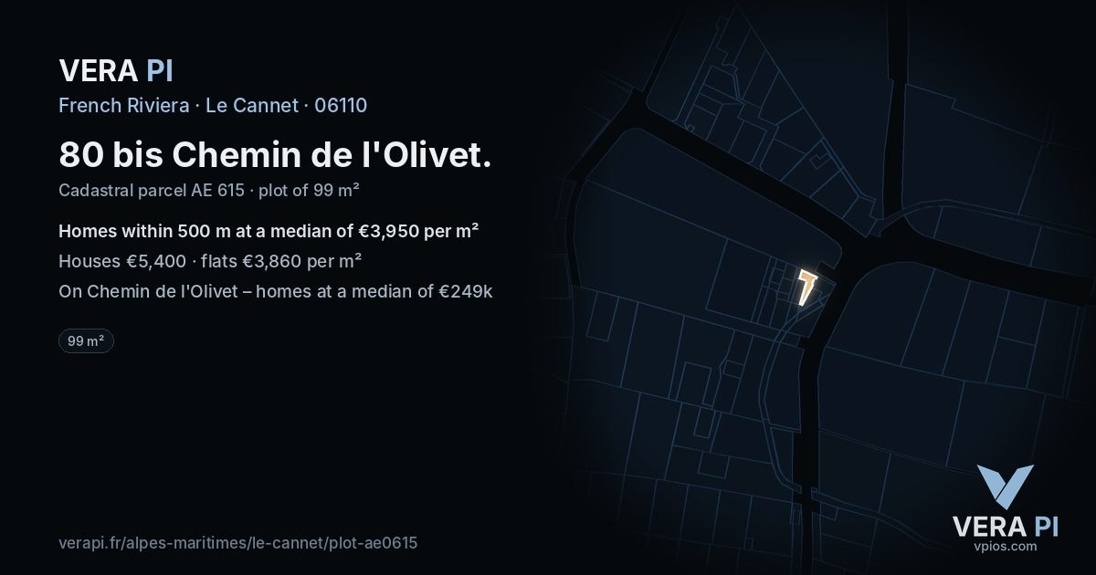 80 bis Chemin de l'Olivet, Le Cannet at night – the plot lit, the parcels around coloured by the prices near them