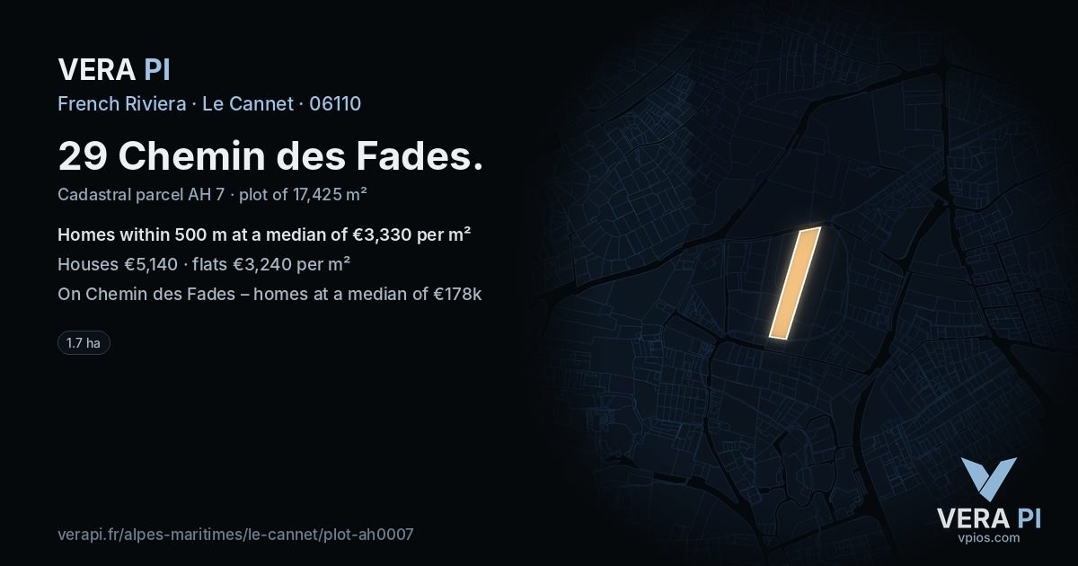 29 Chemin des Fades, Le Cannet at night – the plot lit, the parcels around coloured by the prices near them