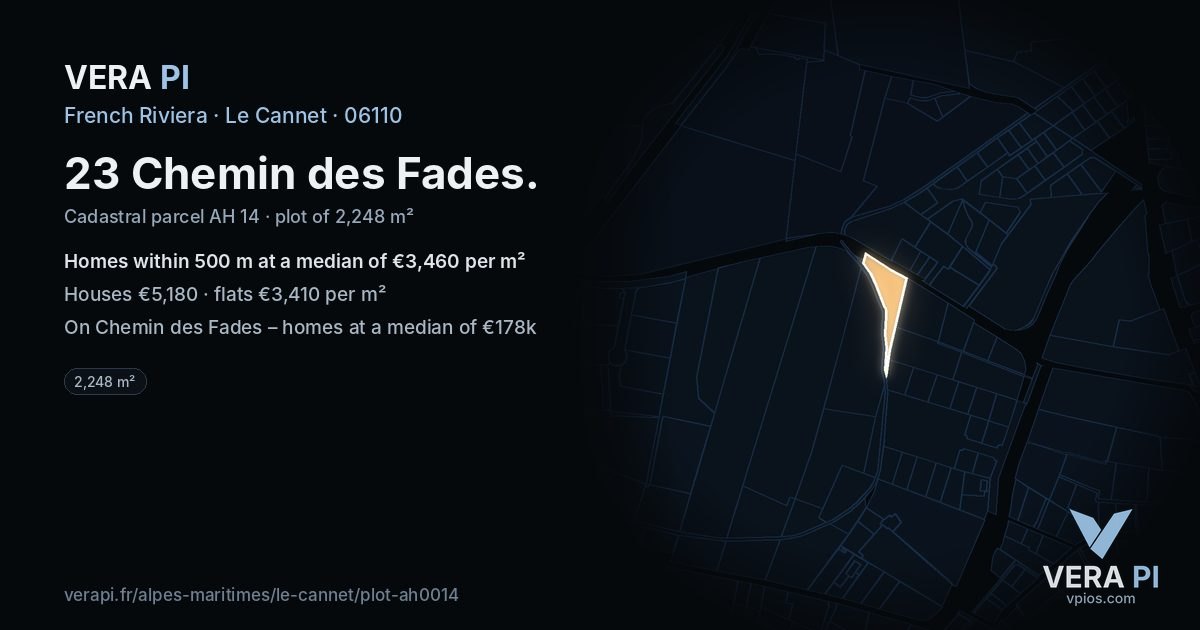 23 Chemin des Fades, Le Cannet at night – the plot lit, the parcels around coloured by the prices near them