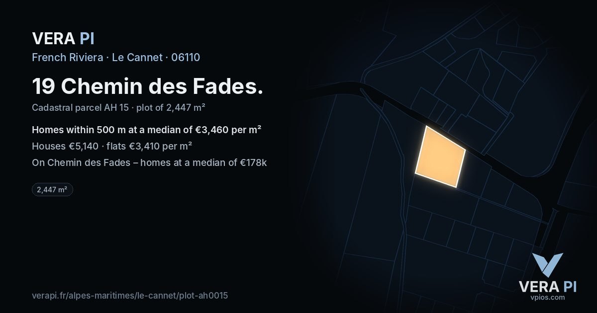 19 Chemin des Fades, Le Cannet at night – the plot lit, the parcels around coloured by the prices near them