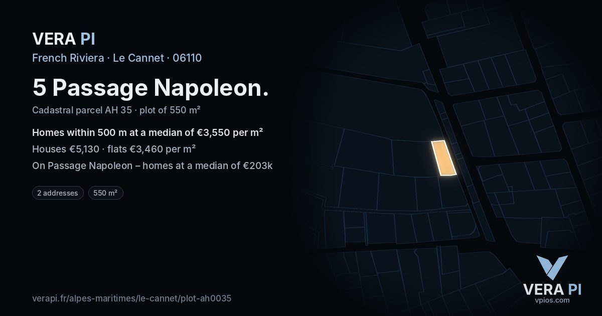 5 Passage Napoleon, Le Cannet at night – the plot lit, the parcels around coloured by the prices near them
