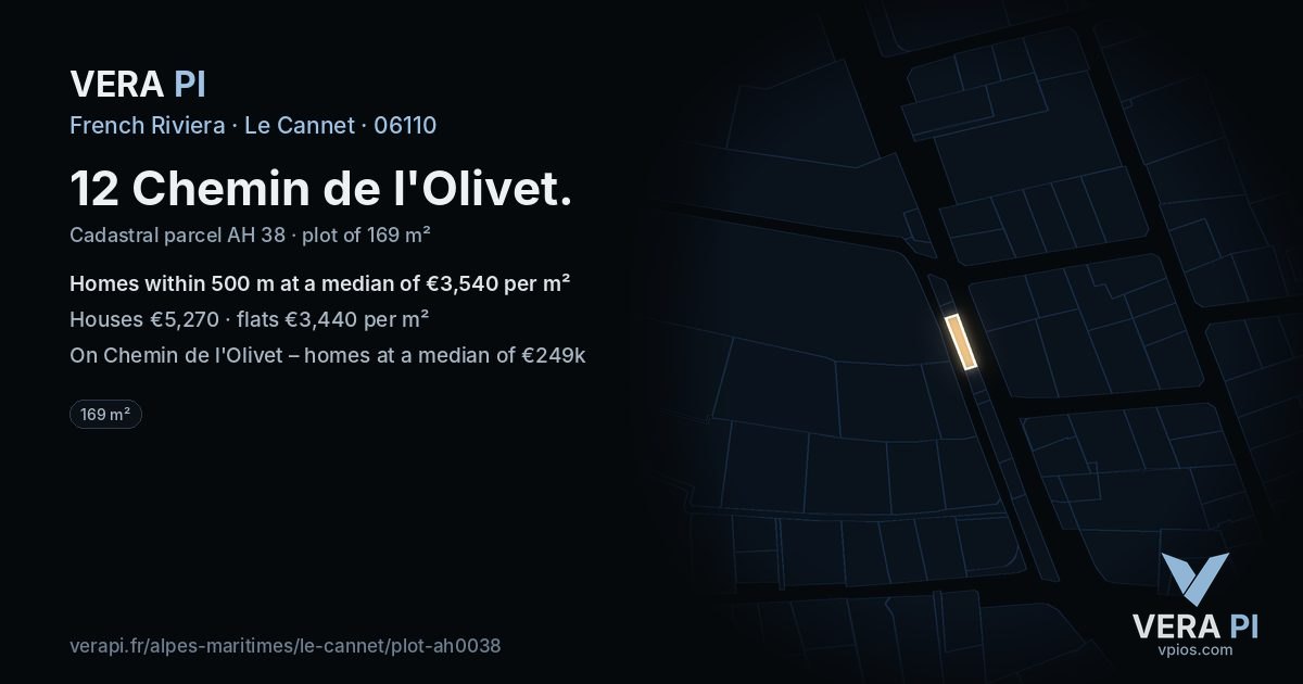 12 Chemin de l'Olivet, Le Cannet at night – the plot lit, the parcels around coloured by the prices near them