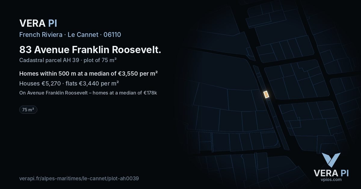 83 Avenue Franklin Roosevelt, Le Cannet at night – the plot lit, the parcels around coloured by the prices near them