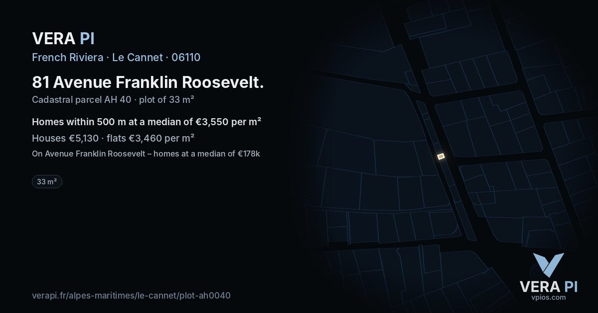 81 Avenue Franklin Roosevelt, Le Cannet at night – the plot lit, the parcels around coloured by the prices near them