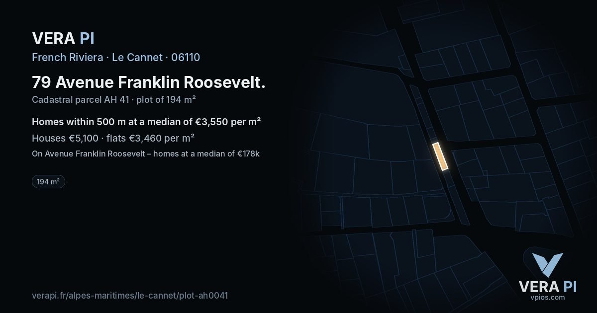 79 Avenue Franklin Roosevelt, Le Cannet at night – the plot lit, the parcels around coloured by the prices near them