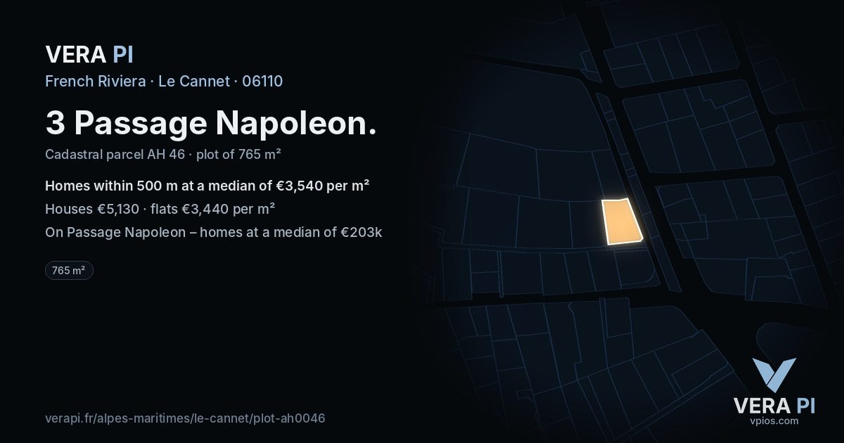 3 Passage Napoleon, Le Cannet at night – the plot lit, the parcels around coloured by the prices near them