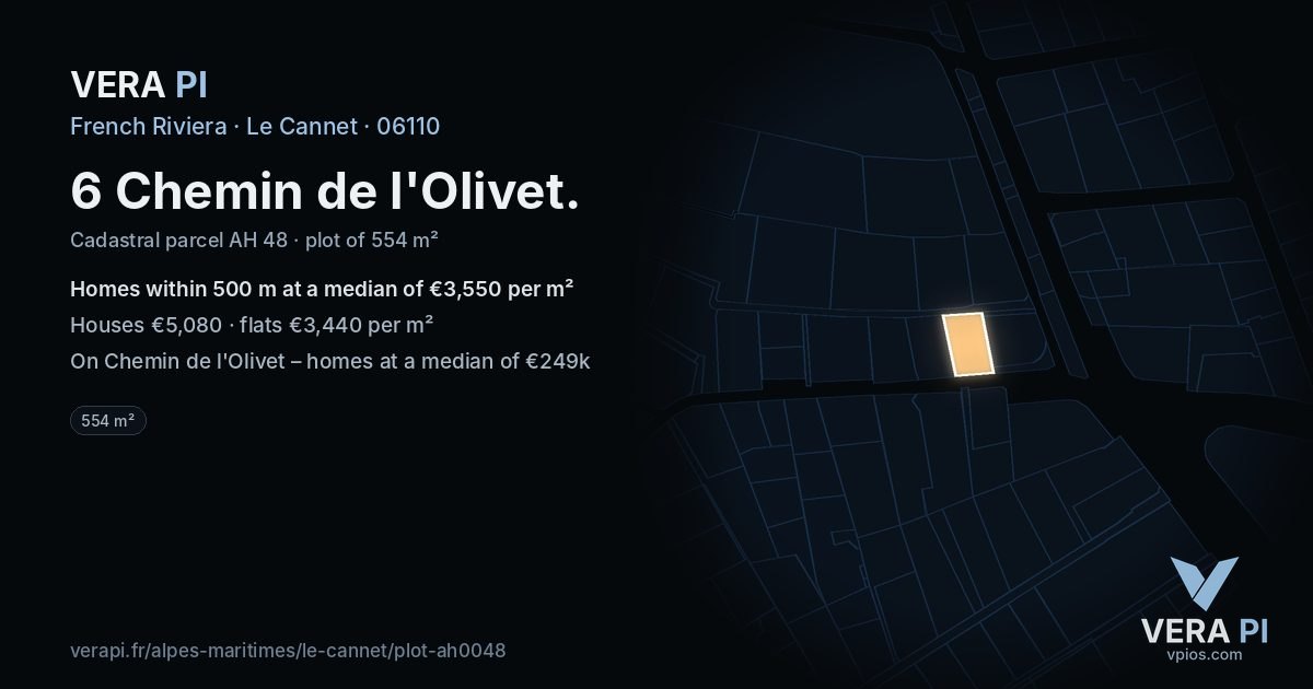 6 Chemin de l'Olivet, Le Cannet at night – the plot lit, the parcels around coloured by the prices near them