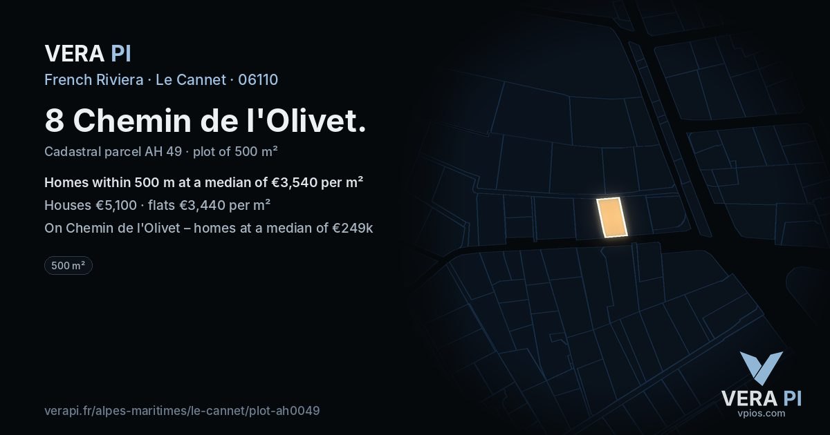 8 Chemin de l'Olivet, Le Cannet at night – the plot lit, the parcels around coloured by the prices near them