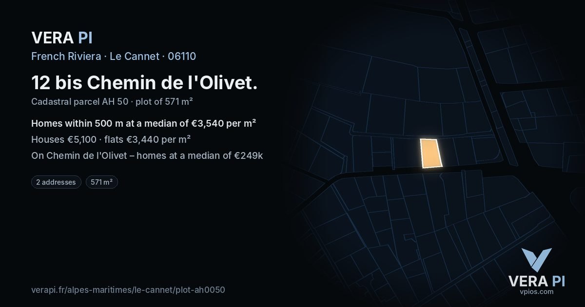 12 bis Chemin de l'Olivet, Le Cannet at night – the plot lit, the parcels around coloured by the prices near them