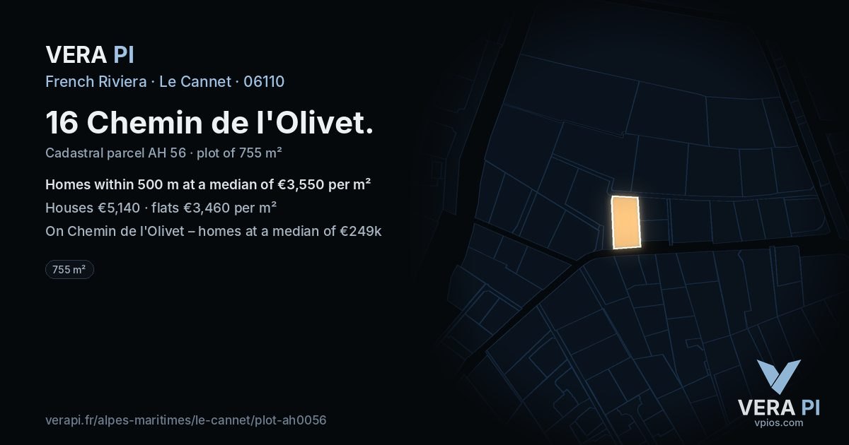 16 Chemin de l'Olivet, Le Cannet at night – the plot lit, the parcels around coloured by the prices near them