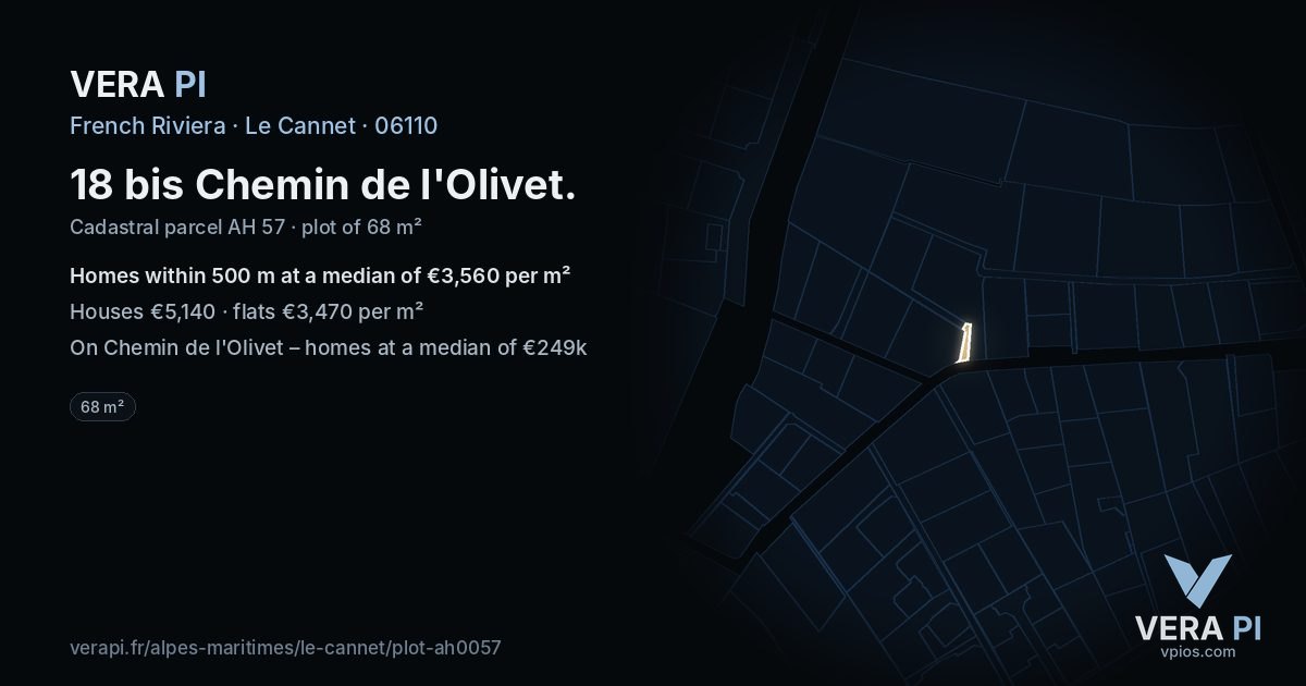 18 bis Chemin de l'Olivet, Le Cannet at night – the plot lit, the parcels around coloured by the prices near them