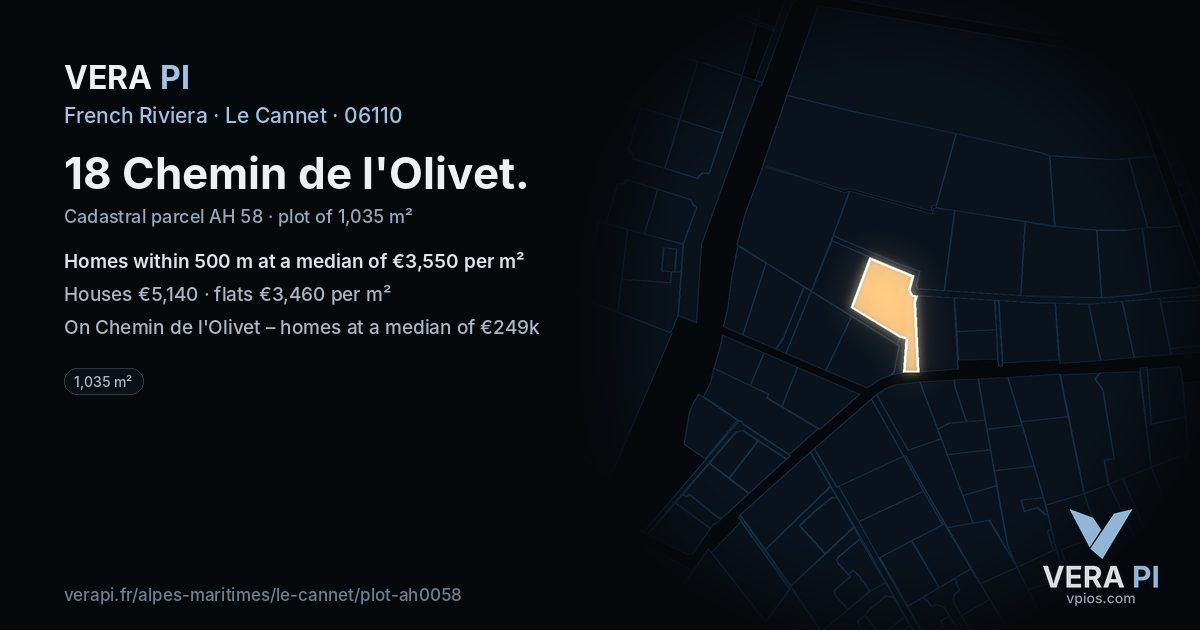 18 Chemin de l'Olivet, Le Cannet at night – the plot lit, the parcels around coloured by the prices near them