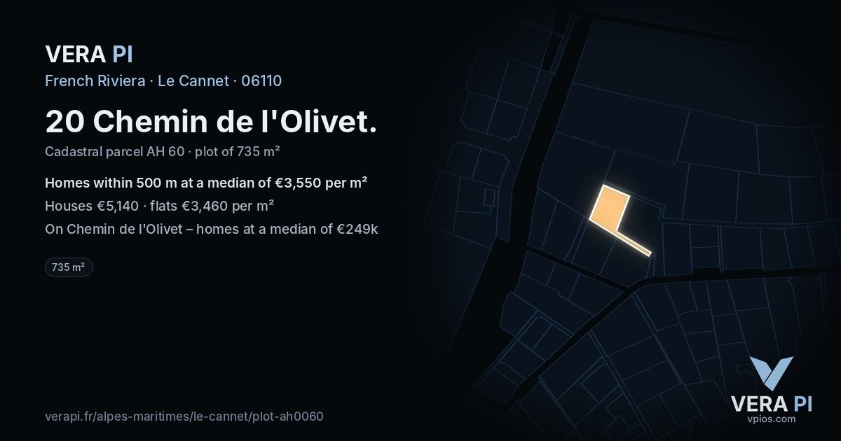 20 Chemin de l'Olivet, Le Cannet at night – the plot lit, the parcels around coloured by the prices near them