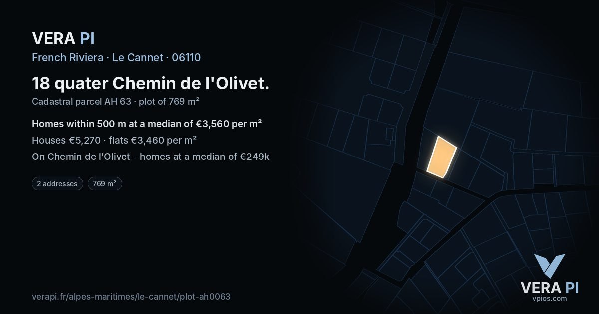 18 quater Chemin de l'Olivet, Le Cannet at night – the plot lit, the parcels around coloured by the prices near them
