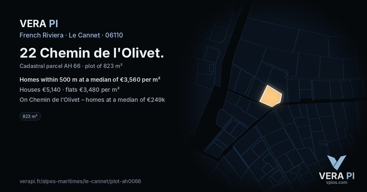 22 Chemin de l'Olivet, Le Cannet at night – the plot lit, the parcels around coloured by the prices near them