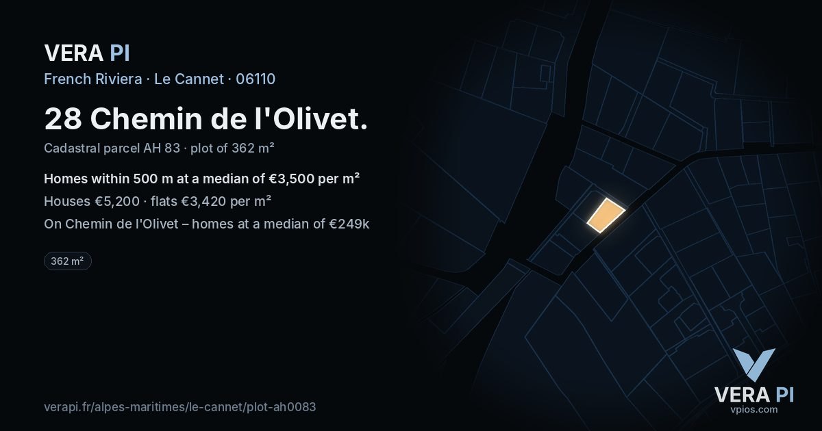 28 Chemin de l'Olivet, Le Cannet at night – the plot lit, the parcels around coloured by the prices near them