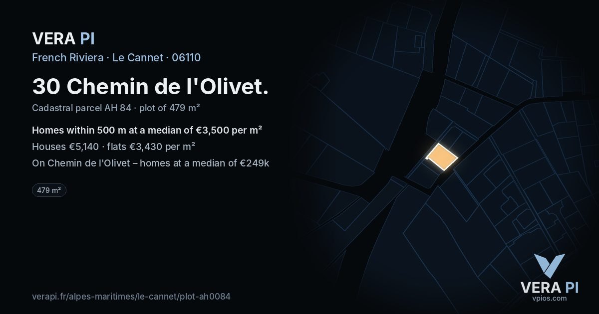 30 Chemin de l'Olivet, Le Cannet at night – the plot lit, the parcels around coloured by the prices near them