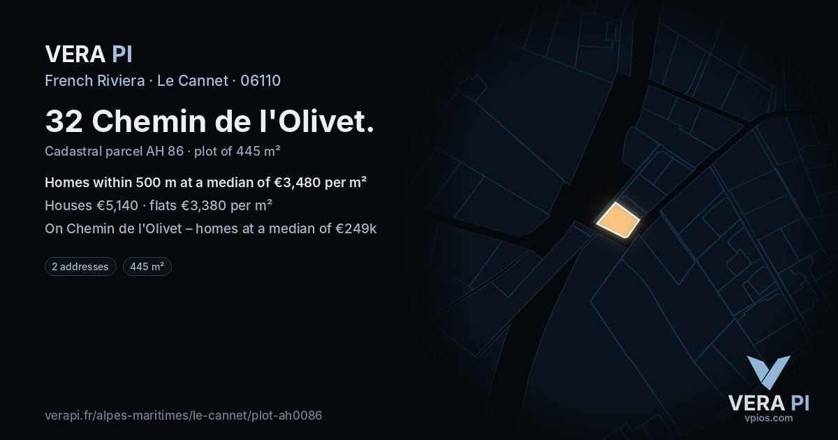 32 Chemin de l'Olivet, Le Cannet at night – the plot lit, the parcels around coloured by the prices near them