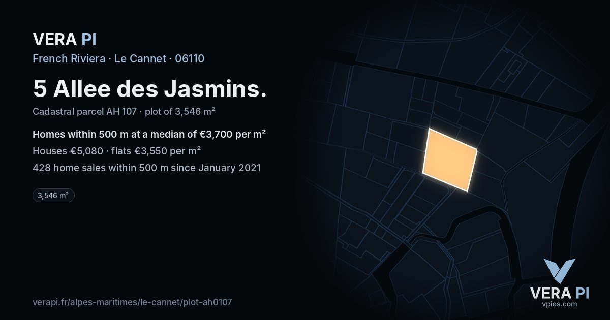 5 Allee des Jasmins, Le Cannet at night – the plot lit, the parcels around coloured by the prices near them