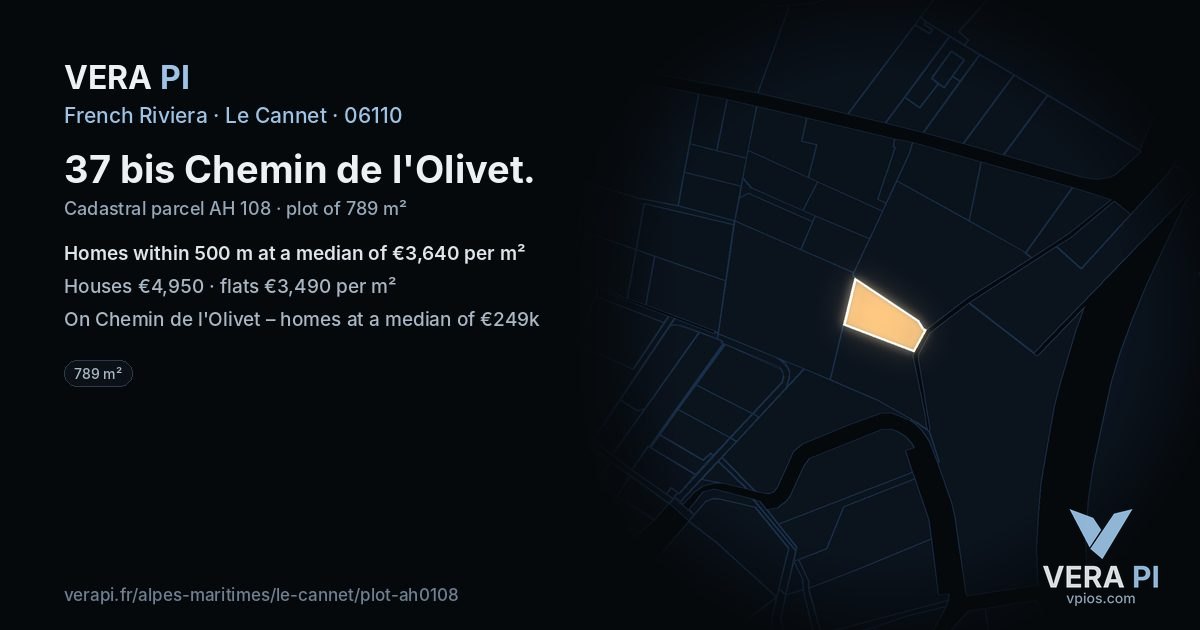 37 bis Chemin de l'Olivet, Le Cannet at night – the plot lit, the parcels around coloured by the prices near them