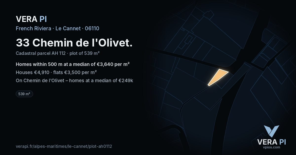 33 Chemin de l'Olivet, Le Cannet at night – the plot lit, the parcels around coloured by the prices near them