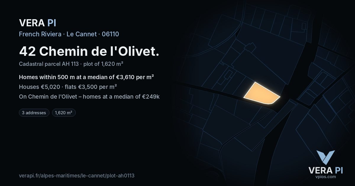 42 Chemin de l'Olivet, Le Cannet at night – the plot lit, the parcels around coloured by the prices near them